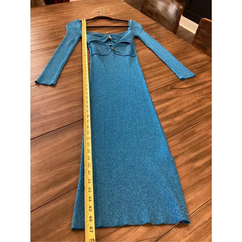 SELF PORTRAIT Blue Lurex Knit long sleeve cut out Midi Dress M